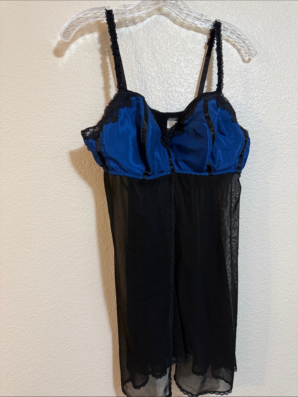 Cacique Royal Blue and Black Lace-Trim Satin Chemise Size18/20